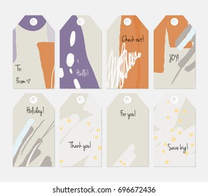 Hand drawn creative tags. Universal shopping, sales, advertising, price tags and product label templates isolated. Abstract artistic doodles. Roughly drawn bright trendy textures. Vector isolated