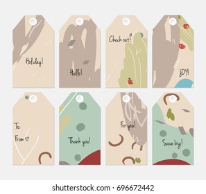 Hand drawn creative tags. Universal shopping, sales, advertising, price tags and product label templates isolated. Abstract artistic doodles. Roughly drawn bright trendy textures. Vector isolated