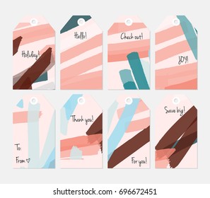 Hand drawn creative tags. Universal shopping, sales, advertising, price tags and product label templates isolated. Abstract artistic doodles. Roughly drawn bright trendy textures. Vector isolated