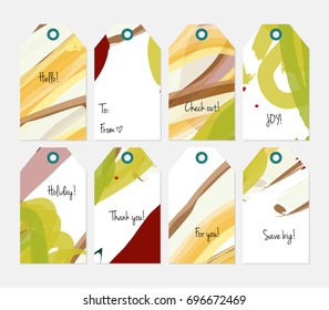Hand drawn creative tags. Universal shopping, sales, advertising, price tags and product label templates isolated. Abstract artistic doodles. Roughly drawn bright trendy textures. Vector isolated