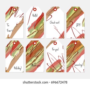 Hand drawn creative tags. Universal shopping, sales, advertising, price tags and product label templates isolated. Abstract artistic doodles. Roughly drawn bright trendy textures. Vector isolated