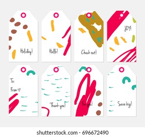 Hand drawn creative tags. Universal shopping, sales, advertising, price tags and product label templates isolated. Abstract artistic doodles. Roughly drawn bright trendy textures. Vector isolated