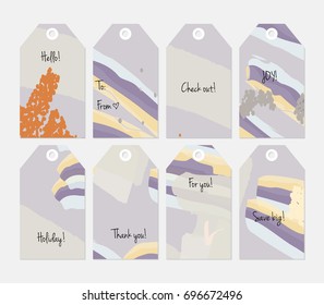 Hand drawn creative tags. Universal shopping, sales, advertising, price tags and product label templates isolated. Abstract artistic doodles. Roughly drawn bright trendy textures. Vector isolated