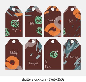 Hand drawn creative tags. Universal shopping, sales, advertising, price tags and product label templates isolated. Abstract artistic doodles. Roughly drawn bright trendy textures. Vector isolated