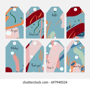 Hand drawn creative tags. Universal shopping, sales, advertising, price tags and product label templates isolated. Abstract artistic doodles. Roughly drawn bright trendy textures. Vector isolated