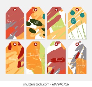 Hand drawn creative tags. Universal shopping, sales, advertising, price tags and product label templates isolated. Abstract artistic doodles. Roughly drawn bright trendy textures. Vector isolated