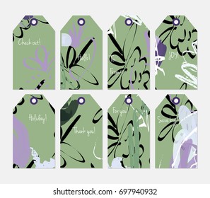 Hand drawn creative tags. Universal shopping, sales, advertising, price tags and product label templates isolated. Abstract artistic doodles. Roughly drawn bright trendy textures. Vector isolated