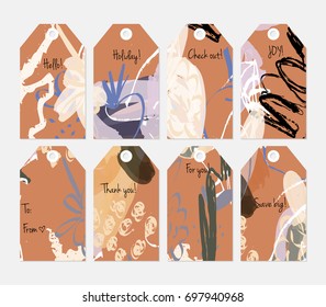 Hand drawn creative tags. Universal shopping, sales, advertising, price tags and product label templates isolated. Abstract artistic doodles. Roughly drawn bright trendy textures. Vector isolated