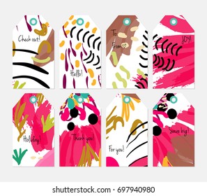 Hand drawn creative tags. Universal shopping, sales, advertising, price tags and product label templates isolated. Abstract artistic doodles. Roughly drawn bright trendy textures. Vector isolated
