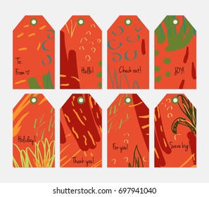 Hand drawn creative tags. Universal shopping, sales, advertising, price tags and product label templates isolated. Abstract artistic doodles. Roughly drawn bright trendy textures. Vector isolated