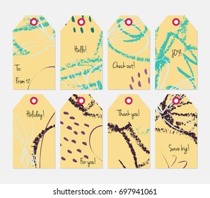 Hand drawn creative tags. Universal shopping, sales, advertising, price tags and product label templates isolated. Abstract artistic doodles. Roughly drawn bright trendy textures. Vector isolated