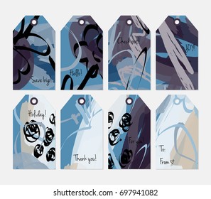 Hand drawn creative tags. Universal shopping, sales, advertising, price tags and product label templates isolated. Abstract artistic doodles. Roughly drawn bright trendy textures. Vector isolated
