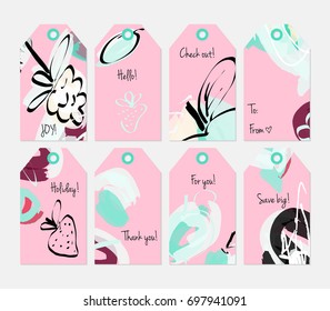 Hand drawn creative tags. Universal shopping, sales, advertising, price tags and product label templates isolated. Abstract artistic doodles. Roughly drawn bright trendy textures. Vector isolated