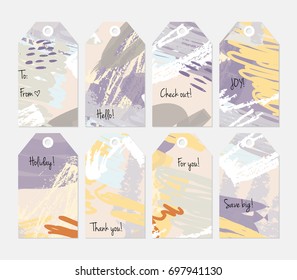 Hand drawn creative tags. Universal shopping, sales, advertising, price tags and product label templates isolated. Abstract artistic doodles. Roughly drawn bright trendy textures. Vector isolated