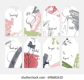 Hand drawn creative tags. Universal shopping, sales, advertising, price tags and product label templates isolated. Abstract artistic doodles. Roughly drawn bright trendy textures. Vector isolated