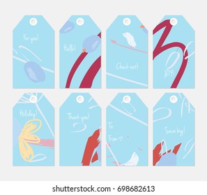 Hand drawn creative tags. Universal shopping, sales, advertising, price tags and product label templates isolated. Abstract artistic doodles. Roughly drawn bright trendy textures. Vector isolated