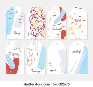 Hand drawn creative tags. Universal shopping, sales, advertising, price tags and product label templates isolated. Abstract artistic doodles. Roughly drawn bright trendy textures. Vector isolated