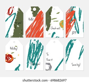 Hand drawn creative tags. Universal shopping, sales, advertising, price tags and product label templates isolated. Abstract artistic doodles. Roughly drawn bright trendy textures. Vector isolated