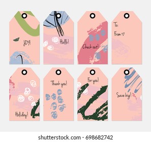 Hand drawn creative tags. Universal shopping, sales, advertising, price tags and product label templates isolated. Abstract artistic doodles. Roughly drawn bright trendy textures. Vector isolated