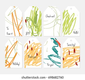 Hand drawn creative tags. Universal shopping, sales, advertising, price tags and product label templates isolated. Abstract artistic doodles. Roughly drawn bright trendy textures. Vector isolated