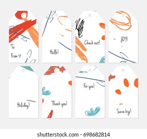 Hand drawn creative tags. Universal shopping, sales, advertising, price tags and product label templates isolated. Abstract artistic doodles. Roughly drawn bright trendy textures. Vector isolated