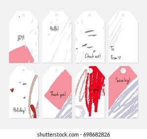 Hand drawn creative tags. Universal shopping, sales, advertising, price tags and product label templates isolated. Abstract artistic doodles. Roughly drawn bright trendy textures. Vector isolated