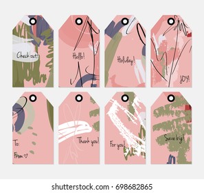 Hand drawn creative tags. Universal shopping, sales, advertising, price tags and product label templates isolated. Abstract artistic doodles. Roughly drawn bright trendy textures. Vector isolated