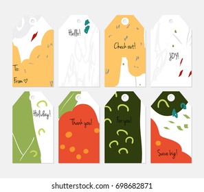 Hand drawn creative tags. Universal shopping, sales, advertising, price tags and product label templates isolated. Abstract artistic doodles. Roughly drawn bright trendy textures. Vector isolated