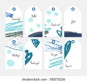 Hand drawn creative tags. Universal shopping, sales, advertising, price tags and product label templates isolated. Abstract artistic doodles. Roughly drawn bright trendy textures. Vector isolated