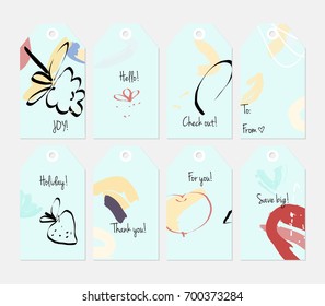 Hand drawn creative tags. Universal shopping, sales, advertising, price tags and product label templates isolated. Abstract artistic doodles. Roughly drawn bright trendy textures. Vector isolated