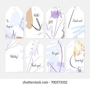 Hand drawn creative tags. Universal shopping, sales, advertising, price tags and product label templates isolated. Abstract artistic doodles. Roughly drawn bright trendy textures. Vector isolated