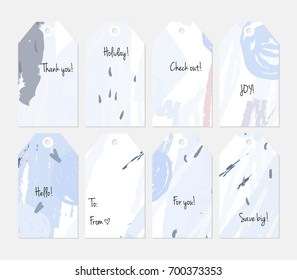 Hand drawn creative tags. Universal shopping, sales, advertising, price tags and product label templates isolated. Abstract artistic doodles. Roughly drawn bright trendy textures. Vector isolated