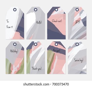 Hand drawn creative tags. Universal shopping, sales, advertising, price tags and product label templates isolated. Abstract artistic doodles. Roughly drawn bright trendy textures. Vector isolated