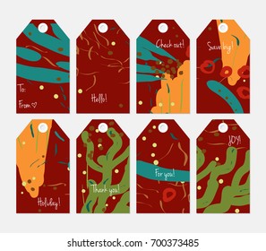 Hand drawn creative tags. Universal shopping, sales, advertising, price tags and product label templates isolated. Abstract artistic doodles. Roughly drawn bright trendy textures. Vector isolated