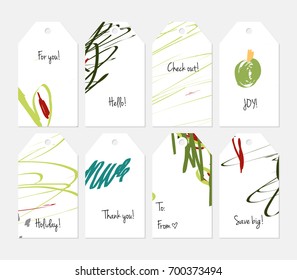 Hand drawn creative tags. Universal shopping, sales, advertising, price tags and product label templates isolated. Abstract artistic doodles. Roughly drawn bright trendy textures. Vector isolated