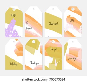 Hand drawn creative tags. Universal shopping, sales, advertising, price tags and product label templates isolated. Abstract artistic doodles. Roughly drawn bright trendy textures. Vector isolated