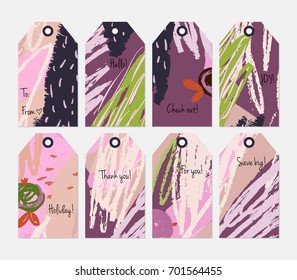 Hand drawn creative tags. Universal shopping, sales, advertising, price tags and product label templates isolated. Abstract artistic doodles. Roughly drawn bright trendy textures. Vector isolated