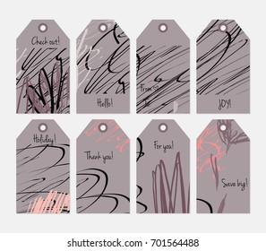 Hand drawn creative tags. Universal shopping, sales, advertising, price tags and product label templates isolated. Abstract artistic doodles. Roughly drawn bright trendy textures. Vector isolated