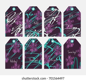 Hand drawn creative tags. Universal shopping, sales, advertising, price tags and product label templates isolated. Abstract artistic doodles. Roughly drawn bright trendy textures. Vector isolated