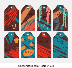 Hand drawn creative tags. Universal shopping, sales, advertising, price tags and product label templates isolated. Abstract artistic doodles. Roughly drawn bright trendy textures. Vector isolated