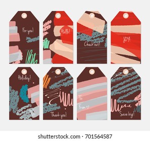 Hand drawn creative tags. Universal shopping, sales, advertising, price tags and product label templates isolated. Abstract artistic doodles. Roughly drawn bright trendy textures. Vector isolated