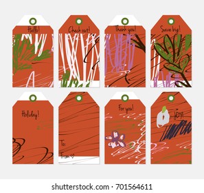 Hand drawn creative tags. Universal shopping, sales, advertising, price tags and product label templates isolated. Abstract artistic doodles. Roughly drawn bright trendy textures. Vector isolated