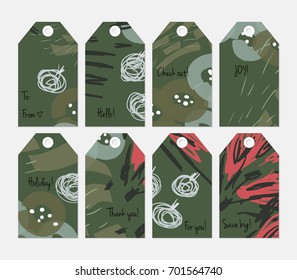 Hand drawn creative tags. Universal shopping, sales, advertising, price tags and product label templates isolated. Abstract artistic doodles. Roughly drawn bright trendy textures. Vector isolated