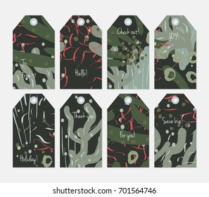 Hand drawn creative tags. Universal shopping, sales, advertising, price tags and product label templates isolated. Abstract artistic doodles. Roughly drawn bright trendy textures. Vector isolated