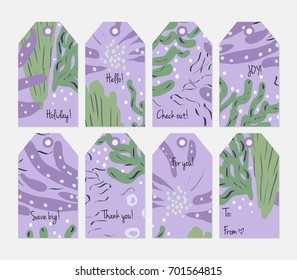 Hand drawn creative tags. Universal shopping, sales, advertising, price tags and product label templates isolated. Abstract artistic doodles. Roughly drawn bright trendy textures. Vector isolated