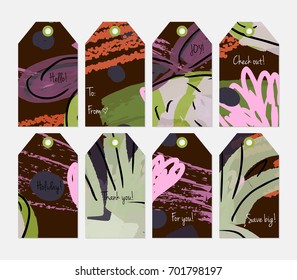 Hand drawn creative tags. Universal shopping, sales, advertising, price tags and product label templates isolated. Abstract artistic doodles. Roughly drawn bright trendy textures. Vector isolated