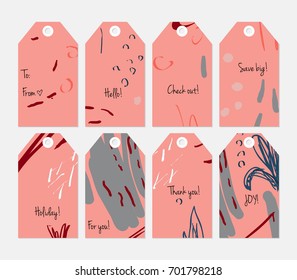 Hand drawn creative tags. Universal shopping, sales, advertising, price tags and product label templates isolated. Abstract artistic doodles. Roughly drawn bright trendy textures. Vector isolated