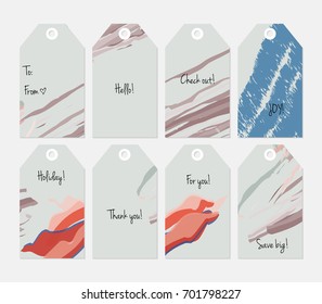 Hand drawn creative tags. Universal shopping, sales, advertising, price tags and product label templates isolated. Abstract artistic doodles. Roughly drawn bright trendy textures. Vector isolated