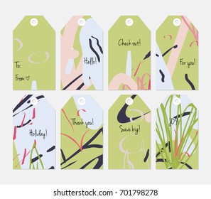 Hand drawn creative tags. Universal shopping, sales, advertising, price tags and product label templates isolated. Abstract artistic doodles. Roughly drawn bright trendy textures. Vector isolated