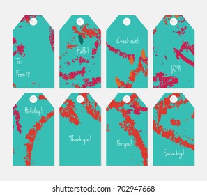Hand drawn creative tags. Universal shopping, sales, advertising, price tags and product label templates isolated. Abstract artistic doodles. Roughly drawn bright trendy textures. Vector isolated